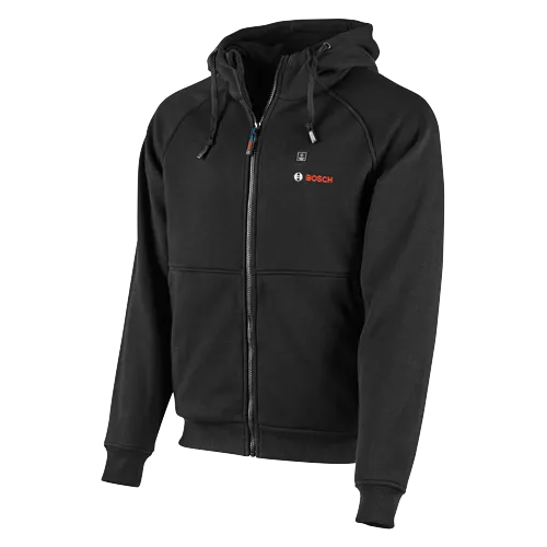 Bosch black hoodie with zip, logo and "HEAT" symbol.