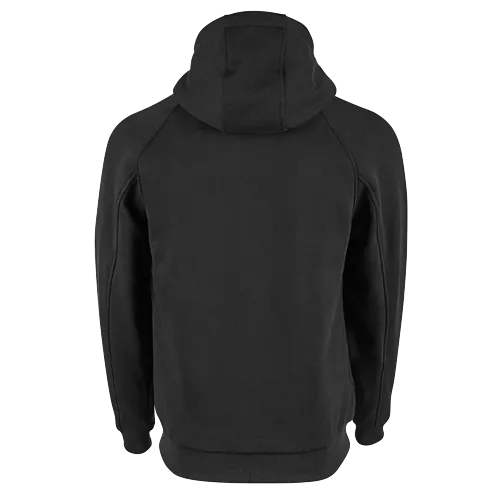 Black hooded sweatshirt with a drawstring hood.