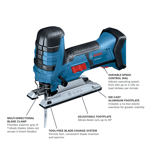 Bosch GST18V-47 jigsaw with variable-speed control dial and die-cast aluminum footplate.