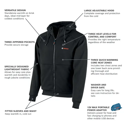 Bosch black jacket with hood, three zippered pockets, three heat levels, three quick-warming core heat zones, fitted sleeves and waist; includes 12V MAX portable power adapter.