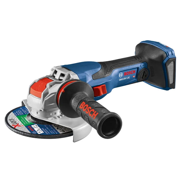 Bosch GWX18V-13C angle grinder, with BOSCH in red on the handle, and an X-LOCK grinding disc.