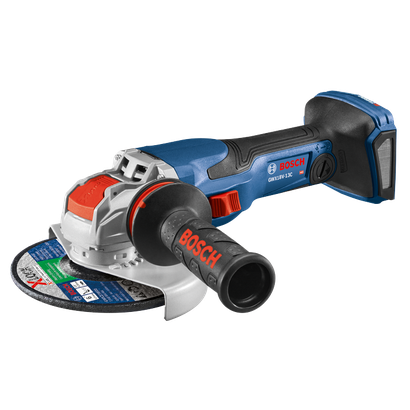 Bosch GWX18V-13C angle grinder, with BOSCH in red on the handle, and an X-LOCK grinding disc.