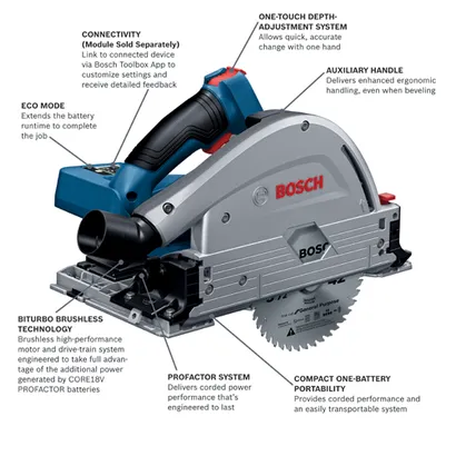 Bosch circular saw, with Connectivity, One-Touch Depth-Adjustment System, Auxiliary Handle, Eco Mode, Biturbo Brushless Technology, Profactor System, and Compact One-Battery Portability; blade PRO542TS with Max RPM 10,900.