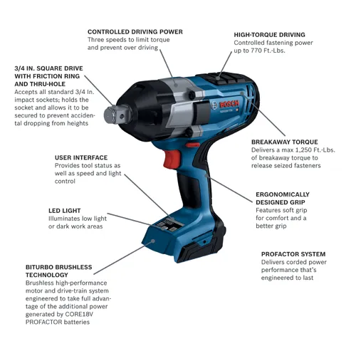 Bosch GDS18V-770 HD impact wrench, featuring a 3/4 in. square drive, BITURBO BRUSHLESS TECHNOLOGY, LED light, and user interface.