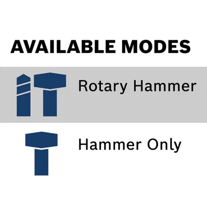 AVAILABLE MODES. Rotary Hammer with hammer icon. Hammer Only with hammer icon.