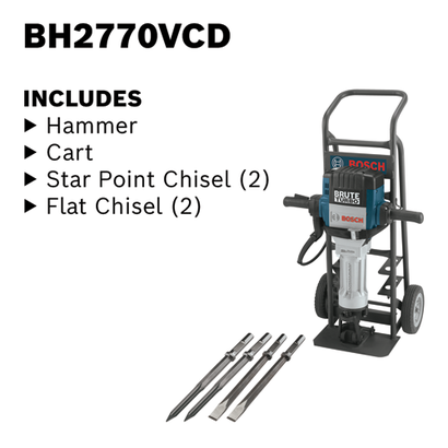 Bosch BH2770VCD Brute Turbo hammer with cart, Star Point Chisel (2), and Flat Chisel (2).