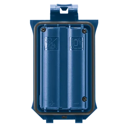 Blue plastic battery compartment with "max.50°C" text and warning symbols.