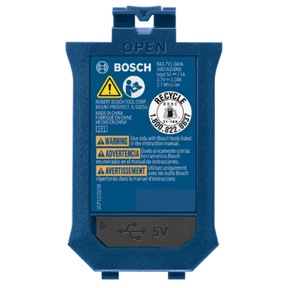 Bosch BA3.7V1.0AhA battery, 1607A350N9, Input 5V == / 1A, 3.7V == 1.0Ah, 3.7 Wh Li-Ion, warning: use only with Bosch tools, made in China.