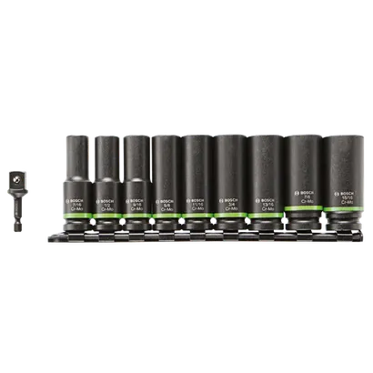 Bosch 7/16, 1/2, 9/16, 5/8, 11/16, 3/4, 13/16, 7/8, and 15/16 Cr-Mo sockets.