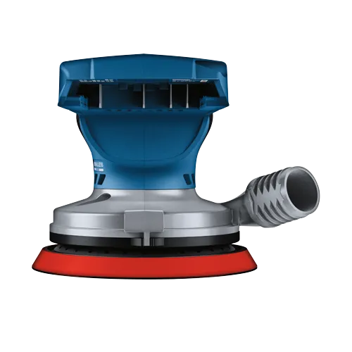 Bosch brushless sander, blue and silver body, with an orange pad.
