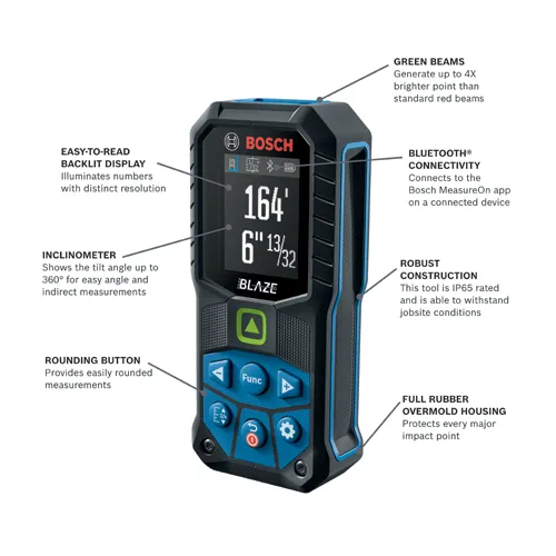 Bosch BLAZE laser measure, with 164' and 6" 13/32 on display, with Green Beams, Bluetooth connectivity, Robust Construction, Rounding Button, and Full Rubber Overmold Housing.