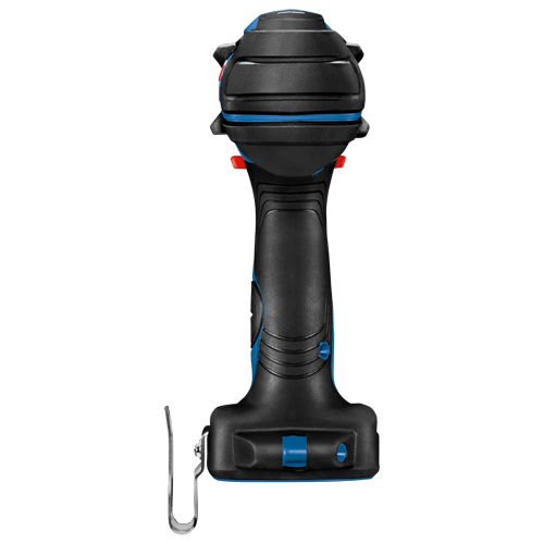 Black and blue power drill with a metal hook attached.