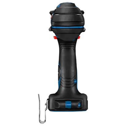 Black and blue power drill with a metal hook attached.