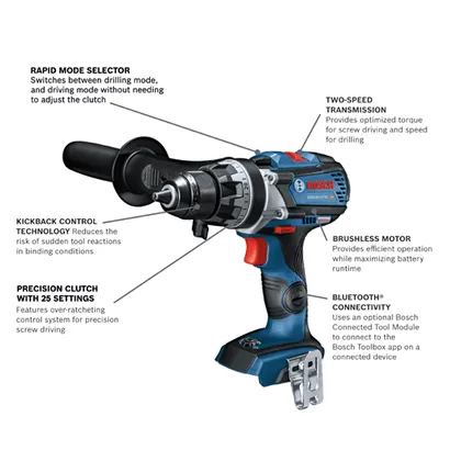 Bosch GSR18V-975C HD drill, with Rapid Mode Selector, Kickback Control Technology, Precision Clutch with 25 Settings, Two-Speed Transmission, Brushless Motor and Bluetooth® Connectivity.