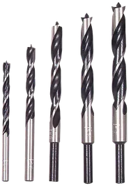 Five twist drill bits with dark blades and silver shafts.