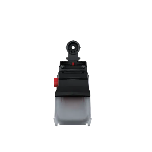 Black and red device with circular opening at the top.