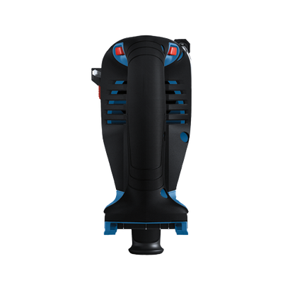 Black and blue power tool with red buttons.
