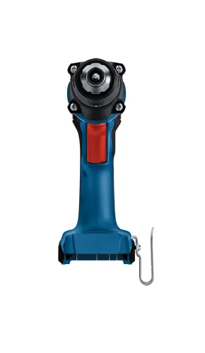 Bosch blue and black cordless impact driver with red button and hook attachment.