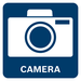 Square blue sign with white camera icon and the word CAMERA.