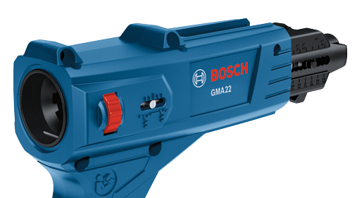 Bosch GMA22 tool with red and white accents, and a black component with measurement markings.