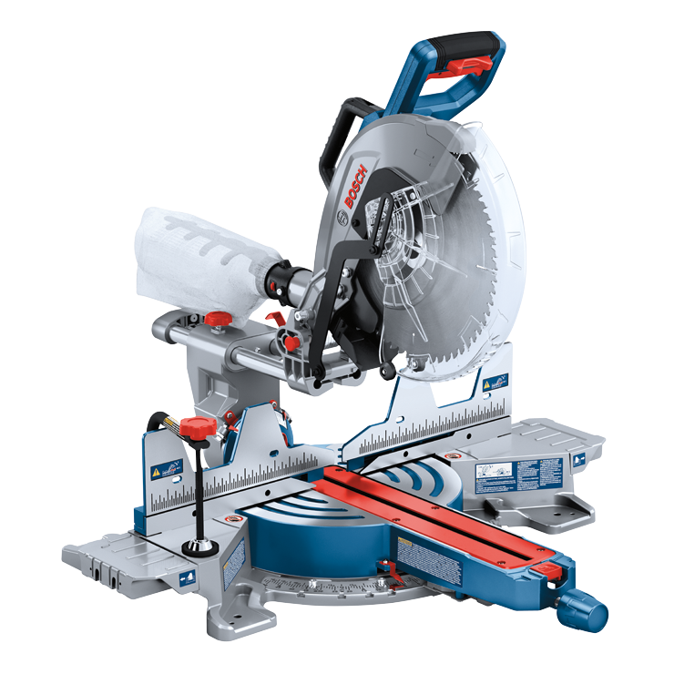 Bosch miter saw with blade, red and blue accents, "BOSCH" text visible.