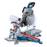 Bosch miter saw with blade, red and blue accents, "BOSCH" text visible.