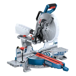 Bosch miter saw with blade, red and blue accents, "BOSCH" text visible.