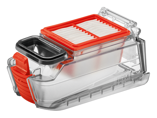 HEPA filter with orange and black accents, "MAX" marking.