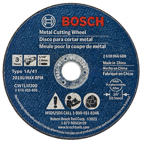 BOSCH Metal Cutting Wheel, 3" diameter, 1/16" thickness, Type 1A/41, 20100 MAX RPM, CW1LM300, 3/8" Arbor.