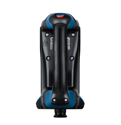 Bosch tool, black and blue, with orange button and visible text.