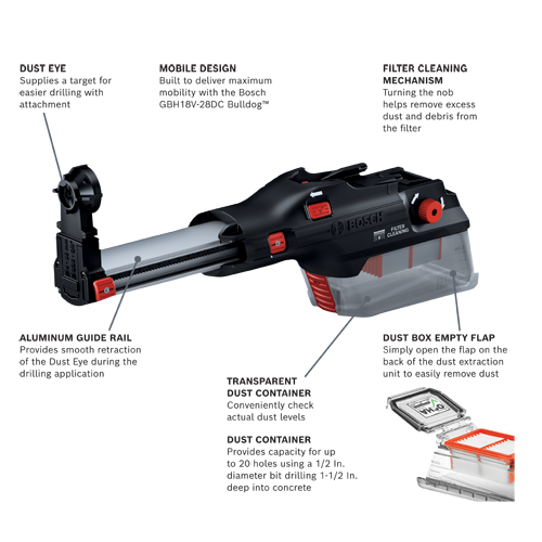 Bosch GBH18V-28DC Bulldog™ dust extraction unit with Dust Eye, Aluminum Guide Rail, Transparent Dust Container, Filter Cleaning Mechanism, and Dust Box Empty Flap. Provides capacity for up to 20 holes using a 1/2 In. diameter bit drilling 1-1/2 In. deep into concrete.