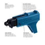 Bosch collated screw gun with ergonomic design, screw lengths between 1 In. (25 mm) and 2-1/8 In. (55 mm).