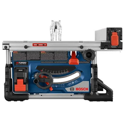 Bosch BiTurbo Brushless table saw with 5°, 10°, 15°, 20°, 25°, 30°, 35°, 40°, 45° angle settings, and bevel lock lever.