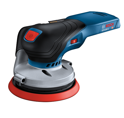 Bosch GEX18V-5 HD sander, with controls, red and black accent colors.