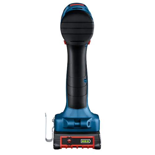 Bosch blue and black drill with "On" button and battery level indicator.