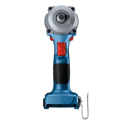 Bosch blue and silver power tool with red accents and a silver hook.