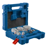 Bosch hole saw kit in a blue case with "BOSCH" visible on the saws.