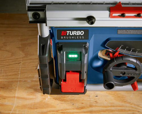 Bosch table saw with "BITURBO BRUSHLESS" text, with a battery indicator, a scale, and a handle that says "BOSCH".