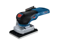 Bosch GSS18V-40 sander with red button, 6, and warning text.