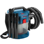 Bosch GAS18V-3 HD vacuum cleaner with hose, attachments, and shoulder strap.