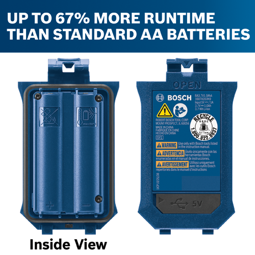 Bosch battery pack with "UP TO 67% MORE RUNTIME THAN STANDARD AA BATTERIES" text; contains BA3.7V1.0AhA, 1607A350N9, Input 5V / 1A, 3.7V 1.0Ah, 3.7 Wh Li-Ion. Includes Recycle logo, "WARNING", "ADVERTENCIA", "AVERTISSEMENT" warnings, 5V, max.50°C and "Inside View" text.