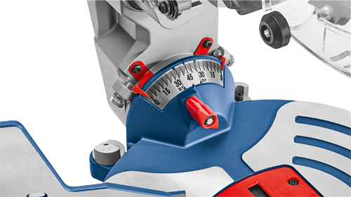 Bosch miter saw angle adjustment with visible markings at 0, 15, 30, 45 degrees and 33.9° angle.