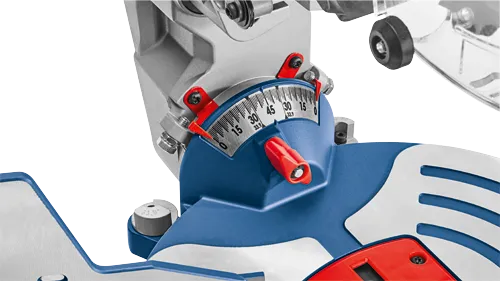 Bosch miter saw angle adjustment with visible markings at 0, 15, 30, 45 degrees and 33.9° angle.