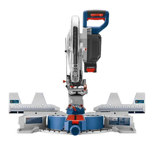 Bosch miter saw with blue, red, and silver accents. Warning labels are visible.