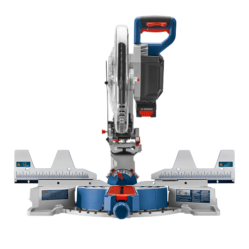 Bosch miter saw with blue, red, and silver accents. Warning labels are visible.