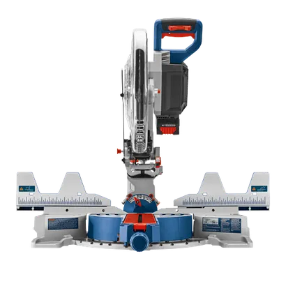 Bosch miter saw with blue, red, and silver accents. Warning labels are visible.