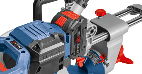 Bosch BITURBO BRUSHLESS miter saw with CORE 18V 8.0 Ah battery.