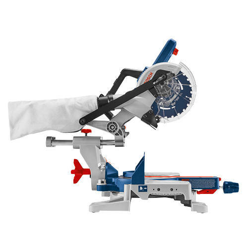 Bosch miter saw with "BOSCH" text on blade.