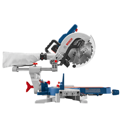 Bosch saw with "BOSCH" branding on blade and side, and dust bag.