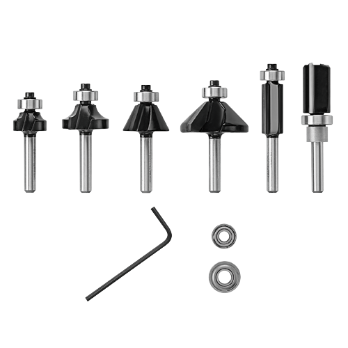 Bosch router bits, various profiles, with wrench and bearings.